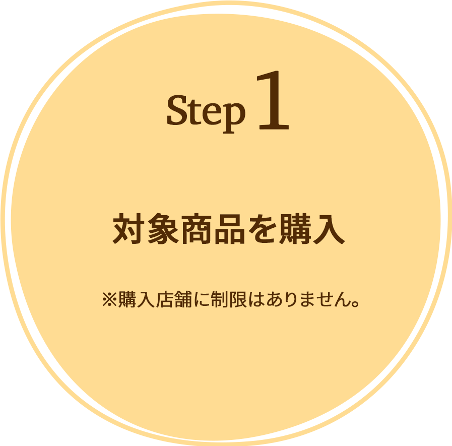 Step1 対象商品を購入 ※購入店舗に制限はありません。