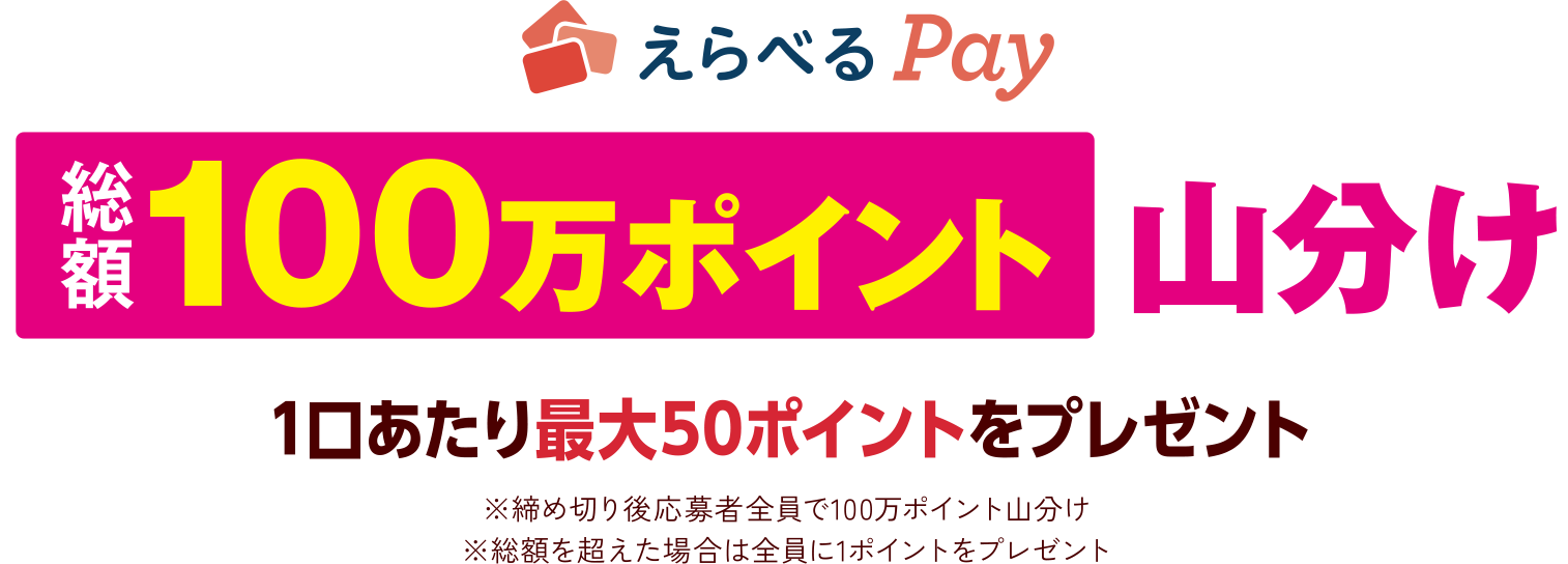 えらべるPay 総額100万ポイント山分け 1口あたり最大50ポイントをプレゼント ※締め切り後応募者全員で100万ポイント山分け ※総額を超えた場合は全員に1ポイントをプレゼント
