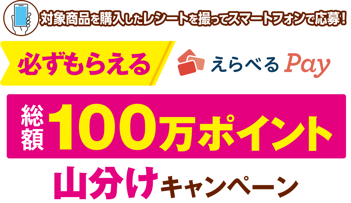 対象商品を購入したレシートを撮ってスマートフォンで応募！必ずもらえる えらべるPay 総額100万ポイント山分け