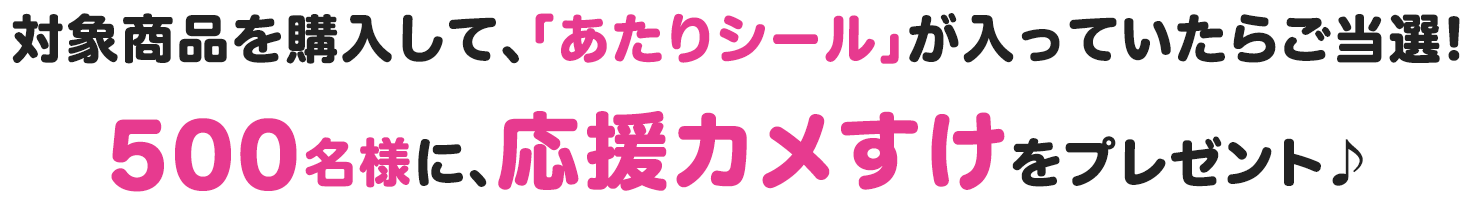 対象商品を購入して、「あたりシール」が入っていたらご当選!500名様に、応援カメすけをプレゼント♪