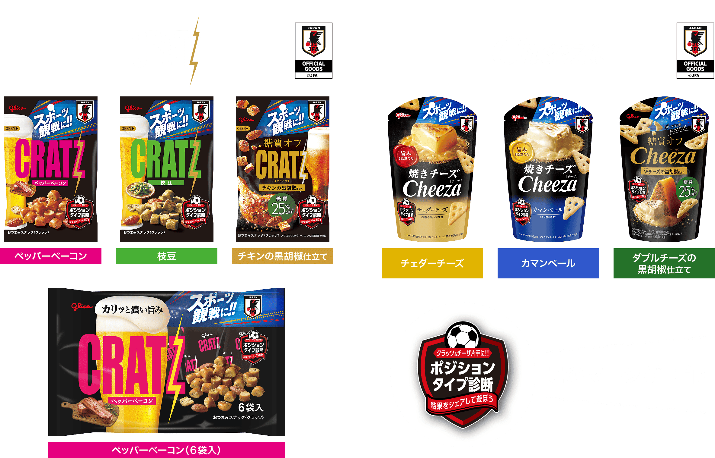 対象商品：CRATZ（ペッパーベーコン・枝豆・チキンの黒胡椒仕立て・ペッパーベーコン６袋入）、Cheeza（チェダーチーズ・カマンベール・ダブルチーズの黒胡椒仕立て）