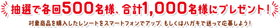 抽選で各回500名様、合計1,000名様にプレゼント!対象商品を購入したレシートをスマートフォンでアップ、もしくはハガキで送って応募しよう!