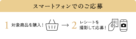 スマートフォンでのご応募：1.対象商品を購入！ 2.レシートを撮影して応募！
