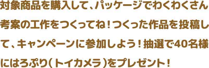対象商品を購入して、パッケージでわくわくさん考案の工作をつくってね！つくった作品を投稿して、キャンペーンに参加しよう！抽選で40名様にはろぷり（トイカメラ）をプレゼント！