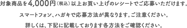 対象商品を4,000円（税込）以上お買い上げのレシートでご応募いただけます。スマートフォン、ハガキで応募方法が異なります。ご注意ください。詳しくは、下記に記載しております各方法をご確認ください。