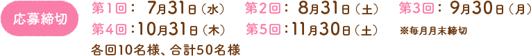 応募締切　第1回： 7月31日（水）　第2回： 8月31日（土）　第3回： 9月30日（月）第4回：10月31日（木）　第5回：11月30日（土）※毎月月末締切　各回10名様、合計50名様