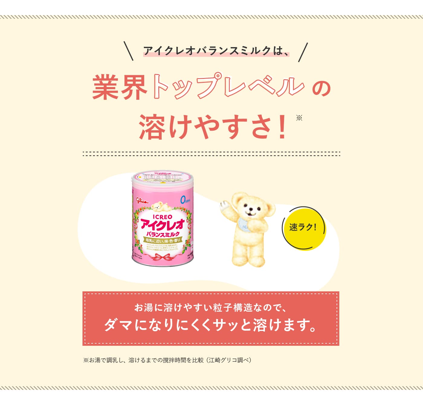 すばやく溶けて、調乳時間を短縮！ アイクレオバランスミルクは、溶けやすさ2.6倍！