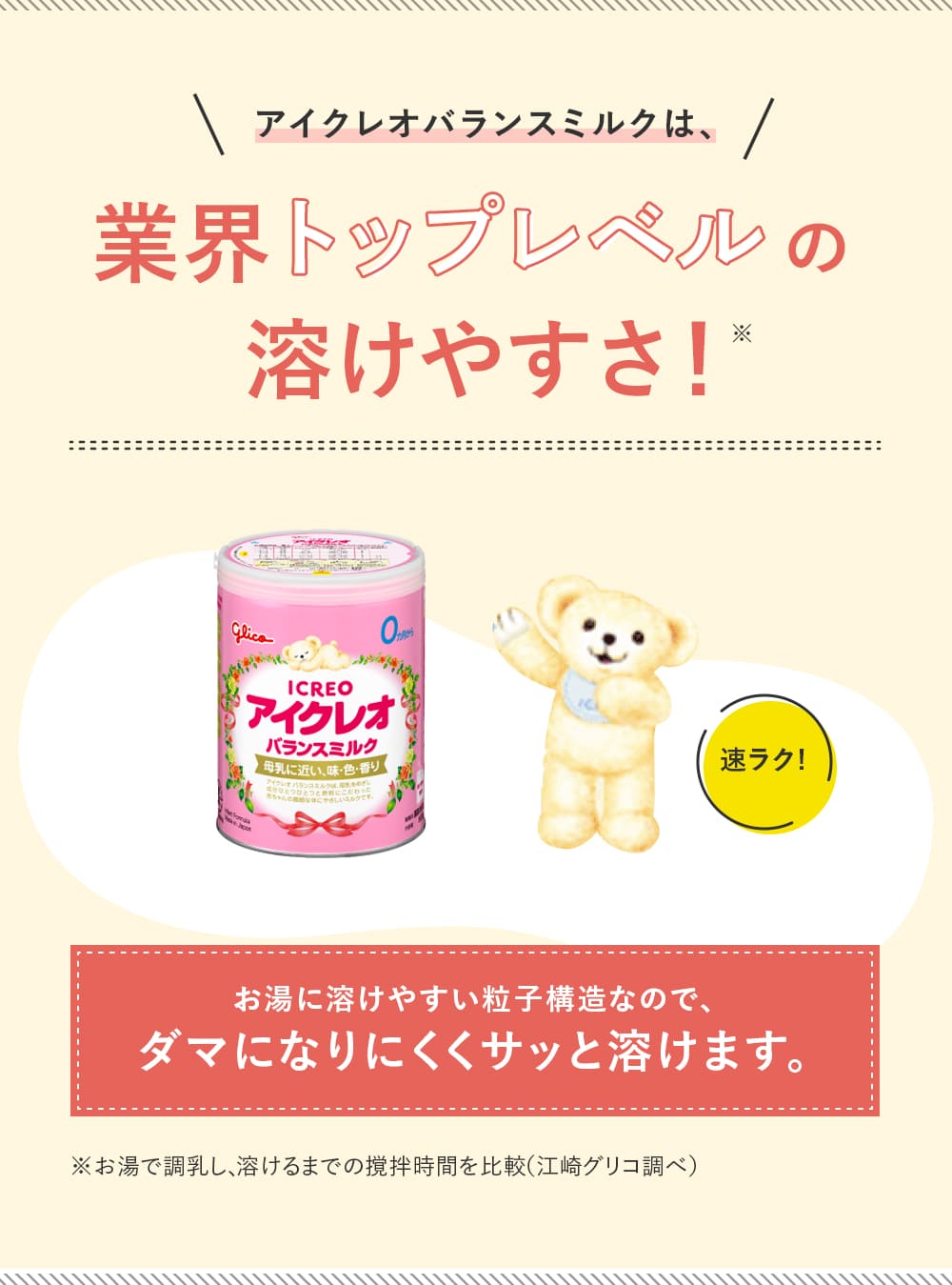 すばやく溶けて、調乳時間を短縮！ アイクレオバランスミルクは、溶けやすさ2.6倍！