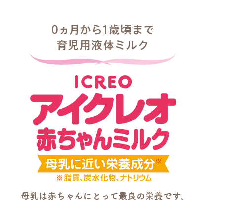 0ヵ月から1歳頃まで育児用液体ミルク ICREO アイクレオ 赤ちゃんミルク 母乳に近い栄養成分（脂質、炭水化物、ナトリウム） 母乳は赤ちゃんにとって最良の栄養です。