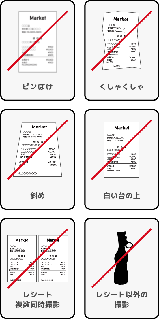 NGレシート例　ピンぼけ・くしゃくしゃ・斜め・白い台の上・レシート複数同時撮影・レシート以外の撮影
