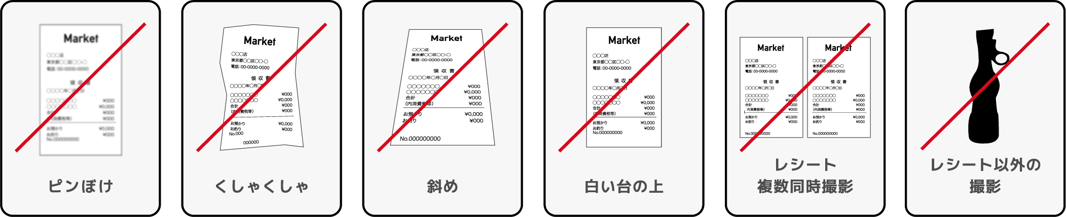 NGレシート例　ピンぼけ・くしゃくしゃ・斜め・白い台の上・レシート複数同時撮影・レシート以外の撮影