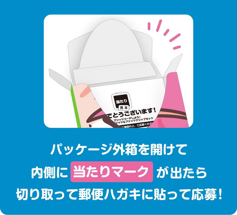 パッケージ外箱を開けて内側に当たりが出たら切り取って郵便ハガキに貼って応募！